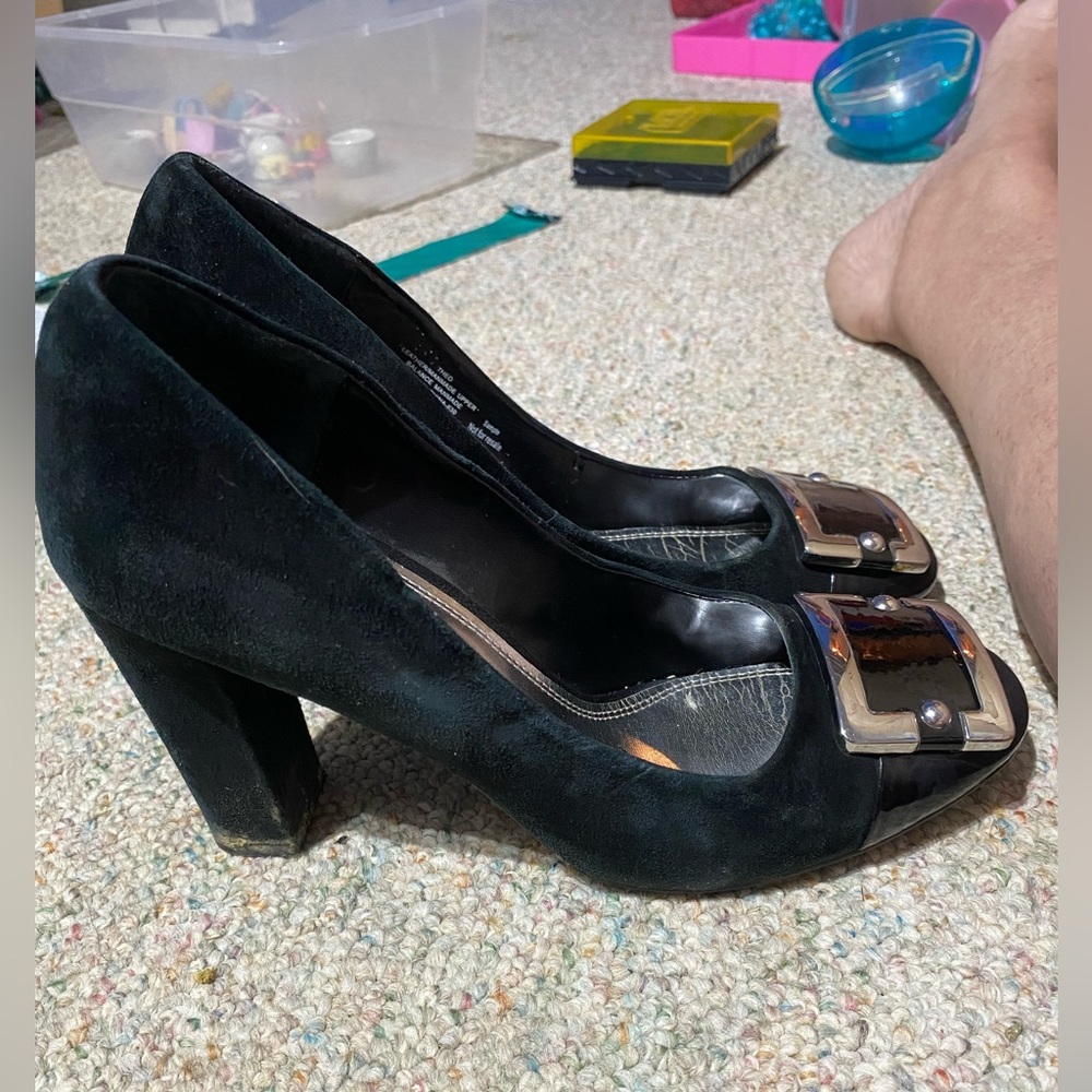WHBM Black Heels w/Silver Buckle.